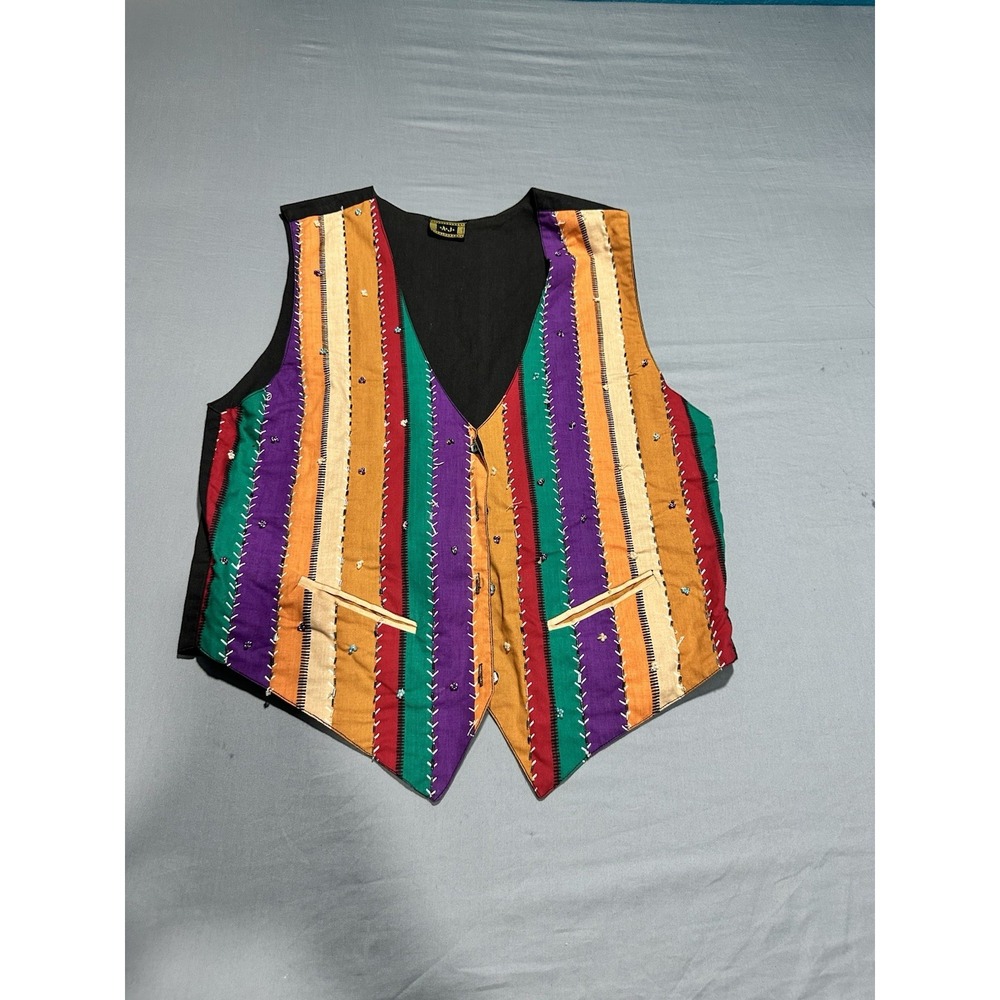 VTG AJ Bright Multicolor‎ Striped Beaded Vest M